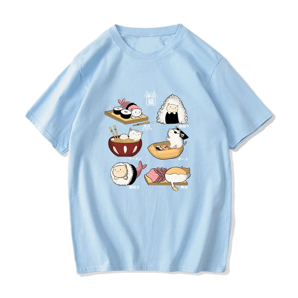 kawaiies-softtoys-plushies-kawaii-plush-Kawaii Cat Sushi Harajuku Cotton Unisex Tee | NEW Apparel Light Blue S 