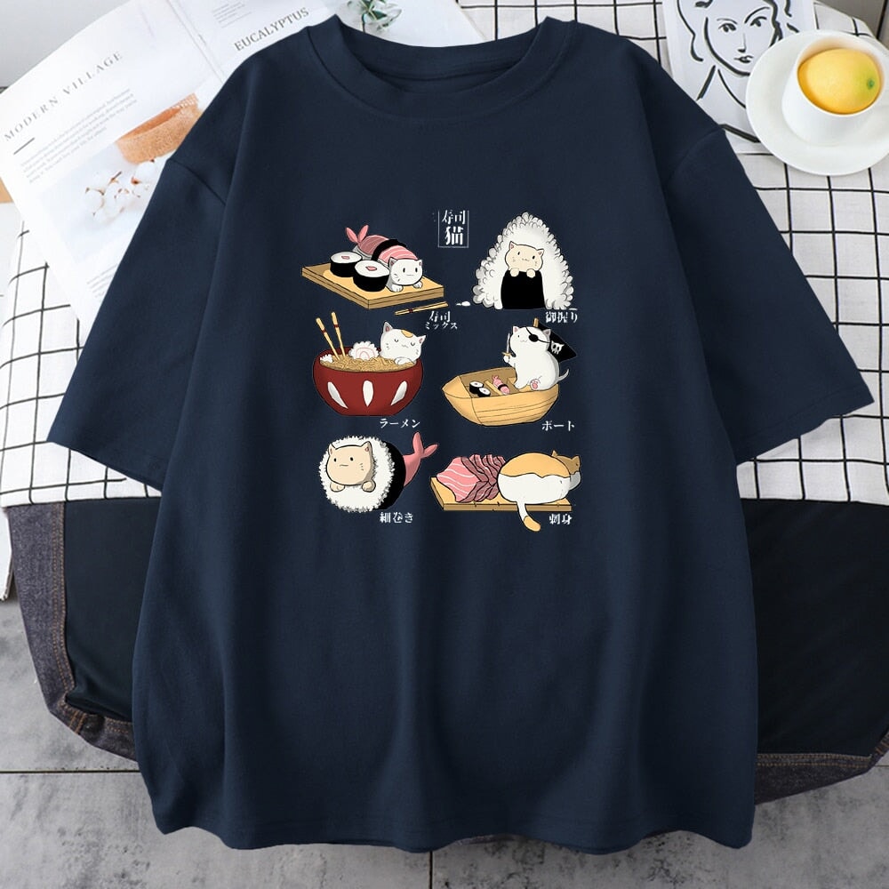 kawaiies-softtoys-plushies-kawaii-plush-Kawaii Cat Sushi Harajuku Cotton Unisex Tee | NEW Apparel Navy S 