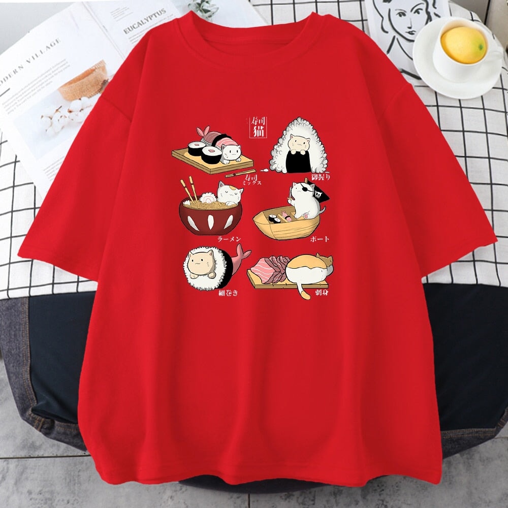 kawaiies-softtoys-plushies-kawaii-plush-Kawaii Cat Sushi Harajuku Cotton Unisex Tee | NEW Apparel Red S 