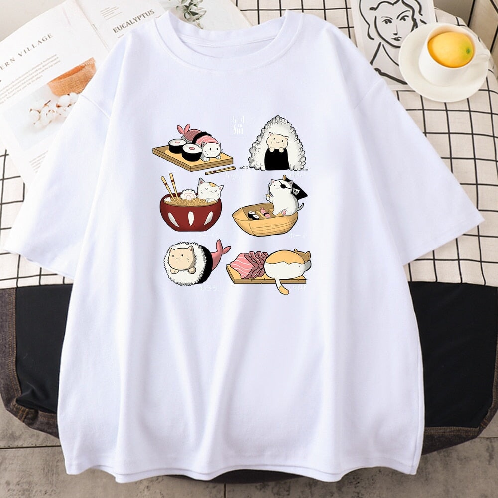 kawaiies-softtoys-plushies-kawaii-plush-Kawaii Cat Sushi Harajuku Cotton Unisex Tee | NEW Apparel White S 