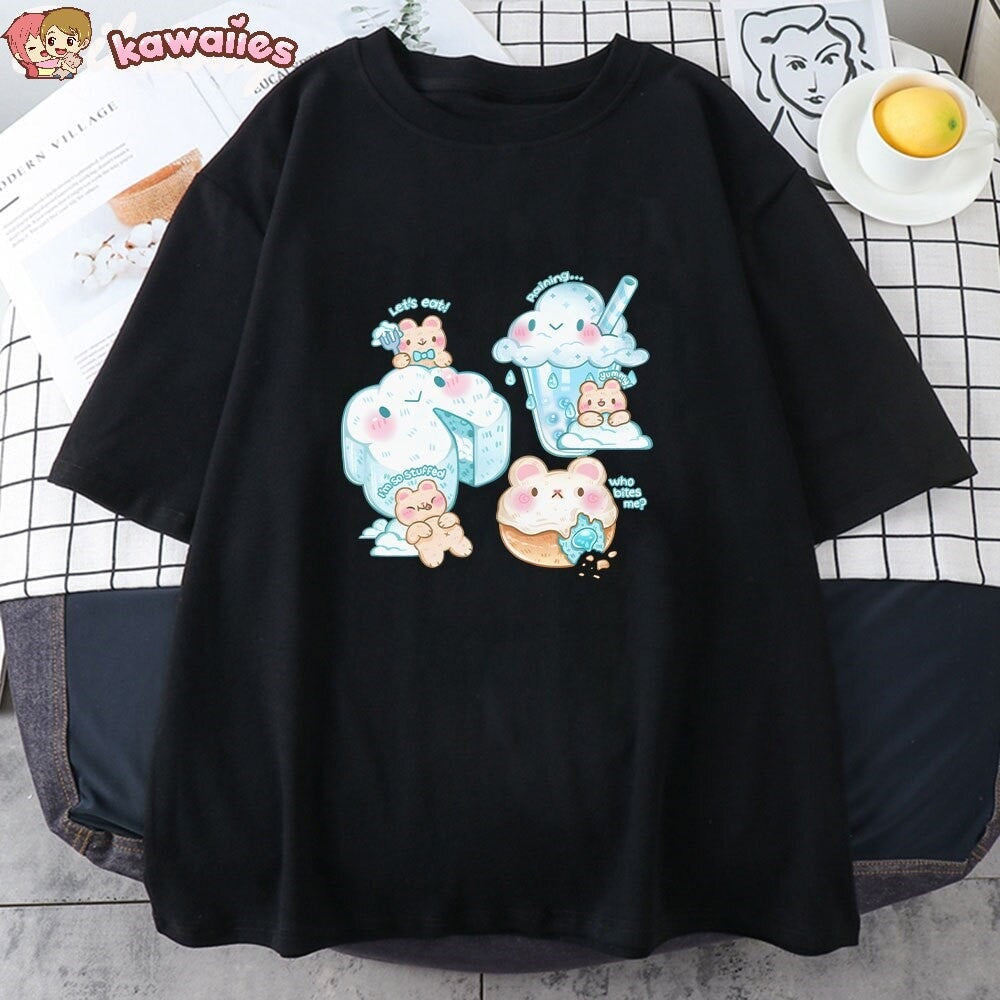 kawaiies-softtoys-plushies-kawaii-plush-Kawaii Cloudy Snacking Brown Bear Unisex Tee Apparel 
