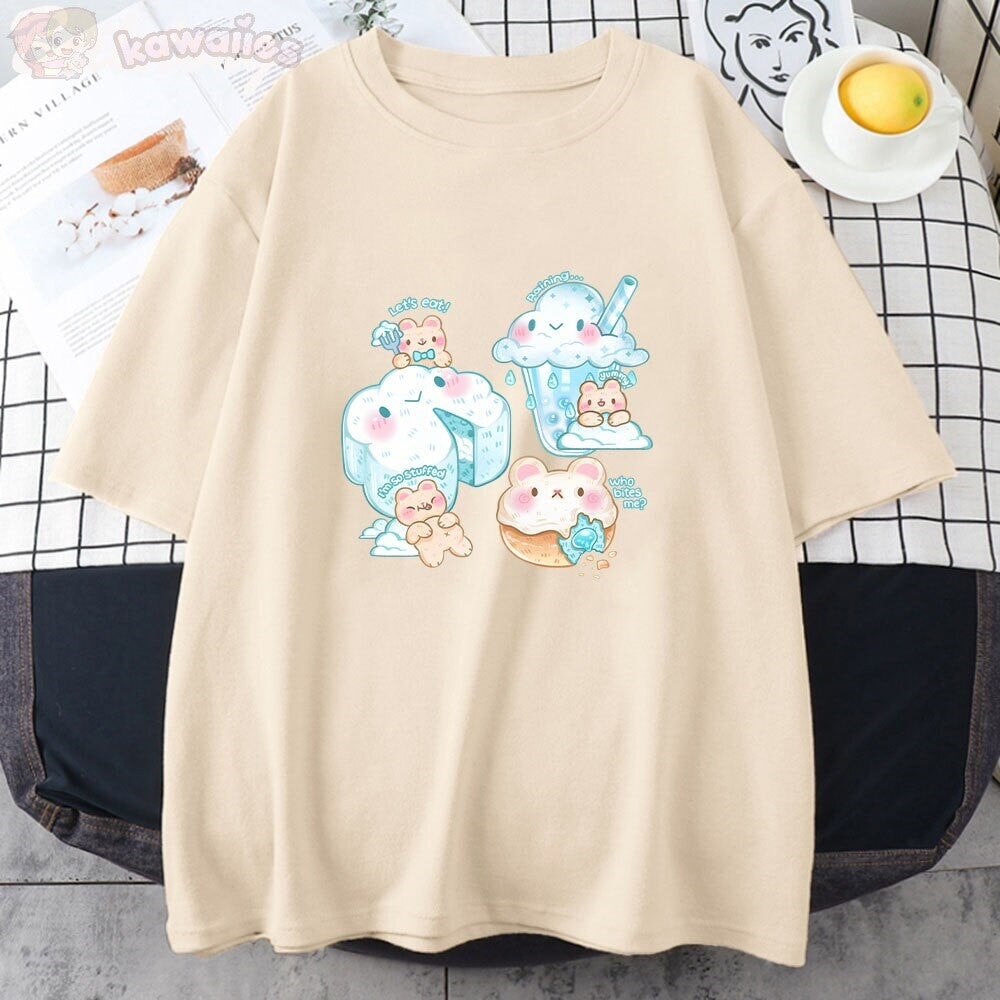 kawaiies-softtoys-plushies-kawaii-plush-Kawaii Cloudy Snacking Brown Bear Unisex Tee Apparel 