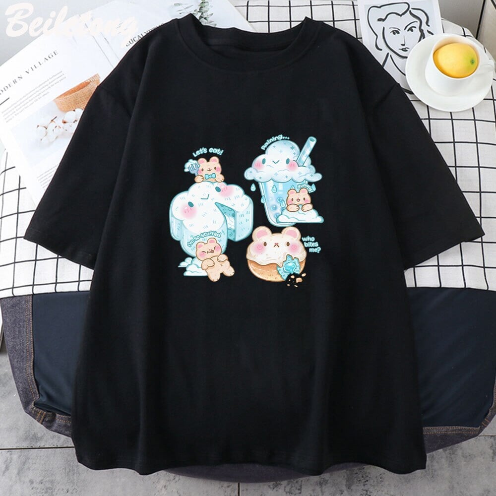 kawaiies-softtoys-plushies-kawaii-plush-Kawaii Cloudy Snacking Brown Bear Unisex Tee Apparel Black XS 