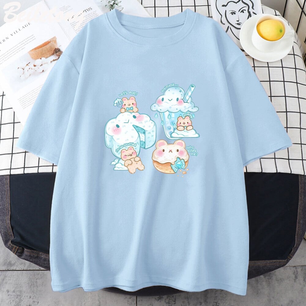 kawaiies-softtoys-plushies-kawaii-plush-Kawaii Cloudy Snacking Brown Bear Unisex Tee Apparel Blue XS 