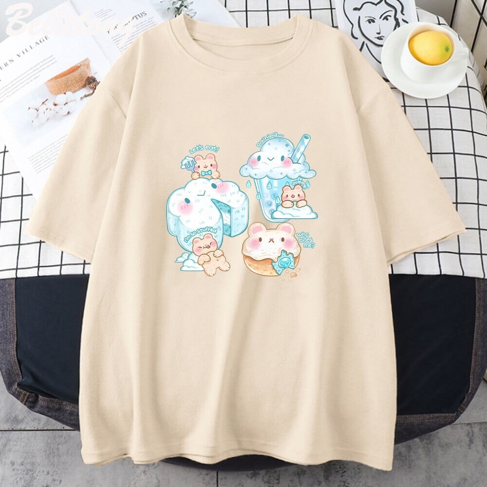 kawaiies-softtoys-plushies-kawaii-plush-Kawaii Cloudy Snacking Brown Bear Unisex Tee Apparel Cream XS 