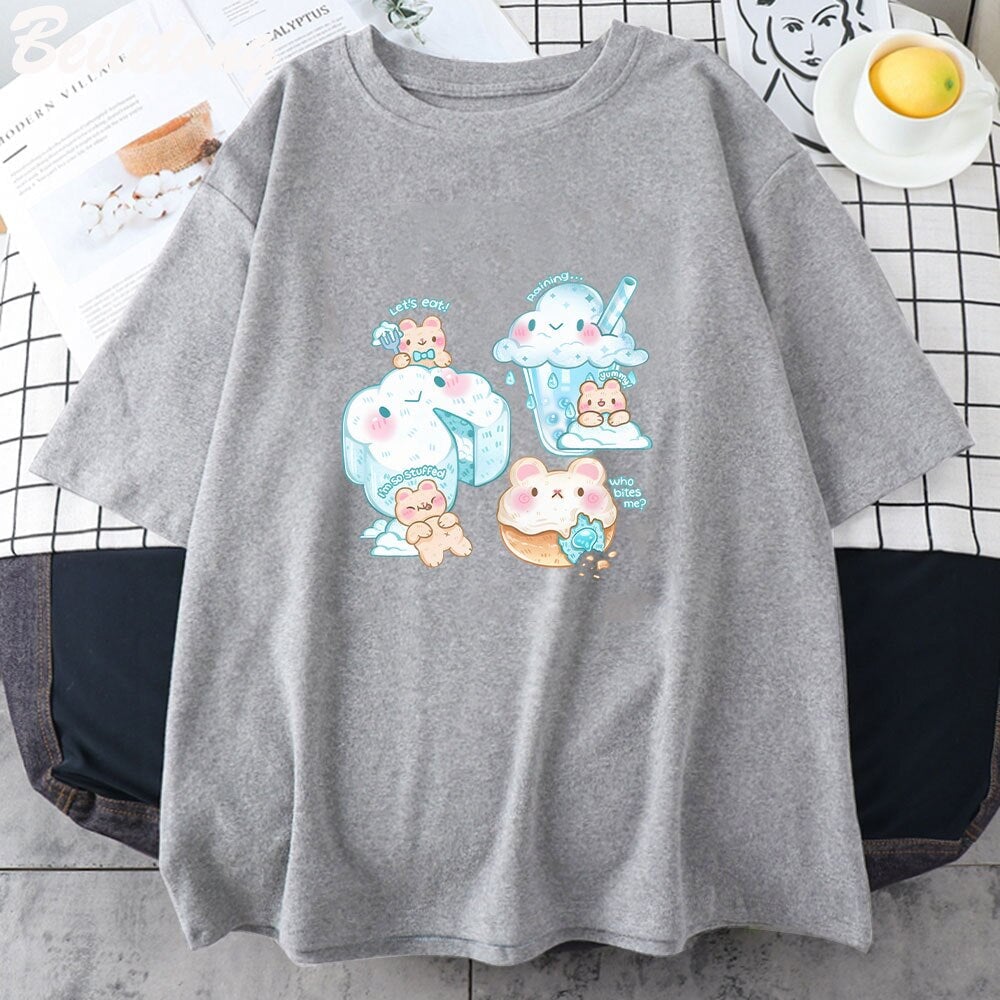 kawaiies-softtoys-plushies-kawaii-plush-Kawaii Cloudy Snacking Brown Bear Unisex Tee Apparel Gray XS 