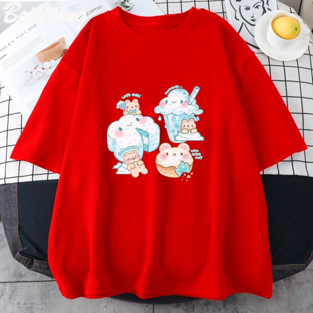 kawaiies-softtoys-plushies-kawaii-plush-Kawaii Cloudy Snacking Brown Bear Unisex Tee Apparel Red XS 