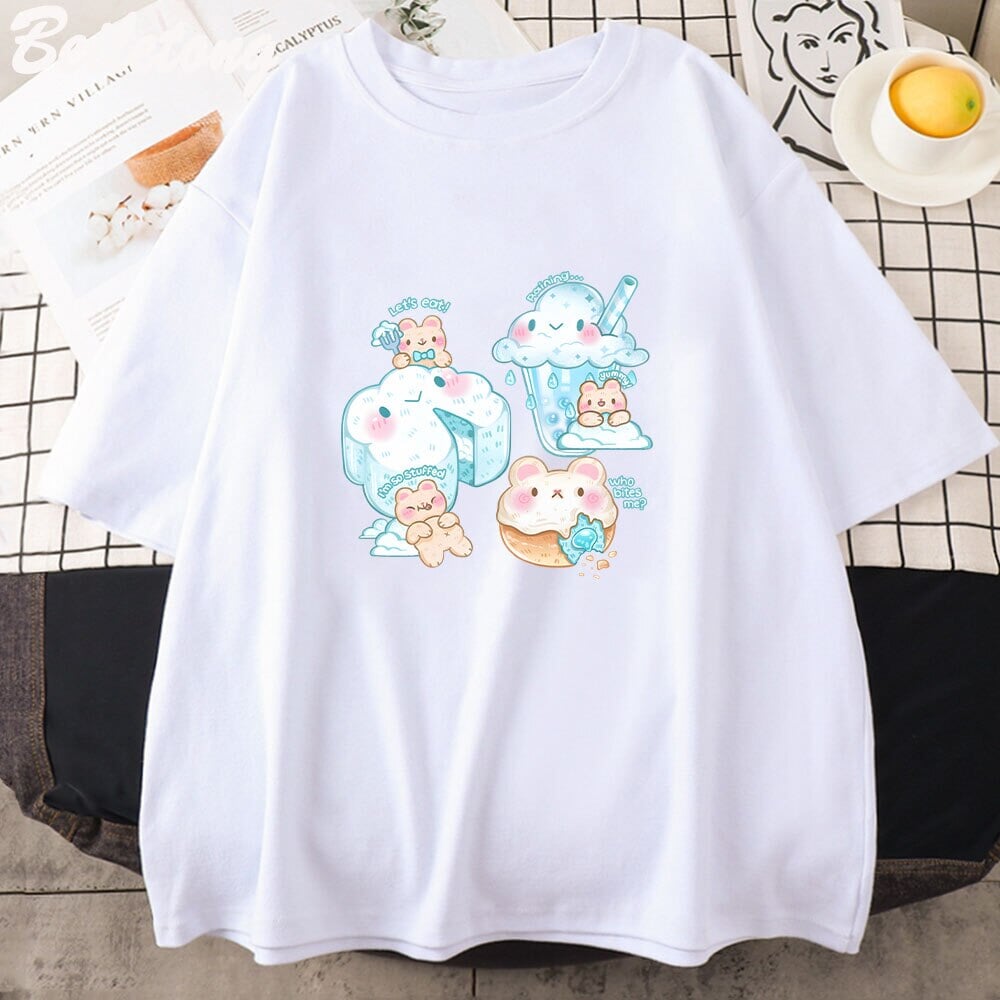 kawaiies-softtoys-plushies-kawaii-plush-Kawaii Cloudy Snacking Brown Bear Unisex Tee Apparel White XS 