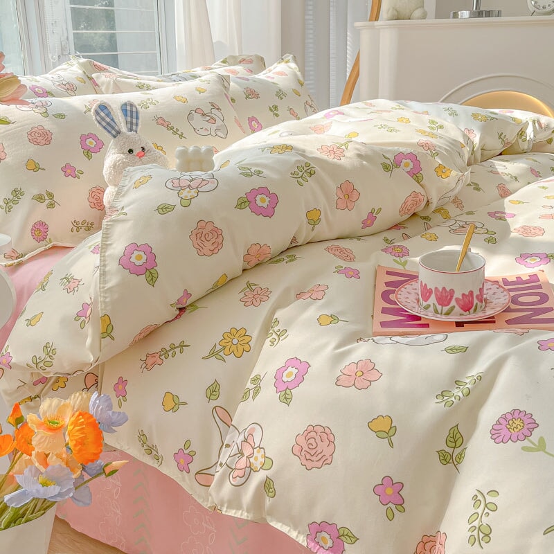 kawaiies-softtoys-plushies-kawaii-plush-Kawaii Dreamy Floral Bunny 120gsm Polyester Bedding Set Collection Bedding Sets 