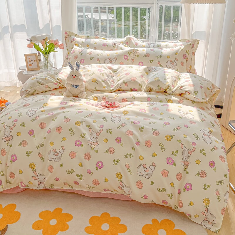 kawaiies-softtoys-plushies-kawaii-plush-Kawaii Dreamy Floral Bunny 120gsm Polyester Bedding Set Collection Bedding Sets 