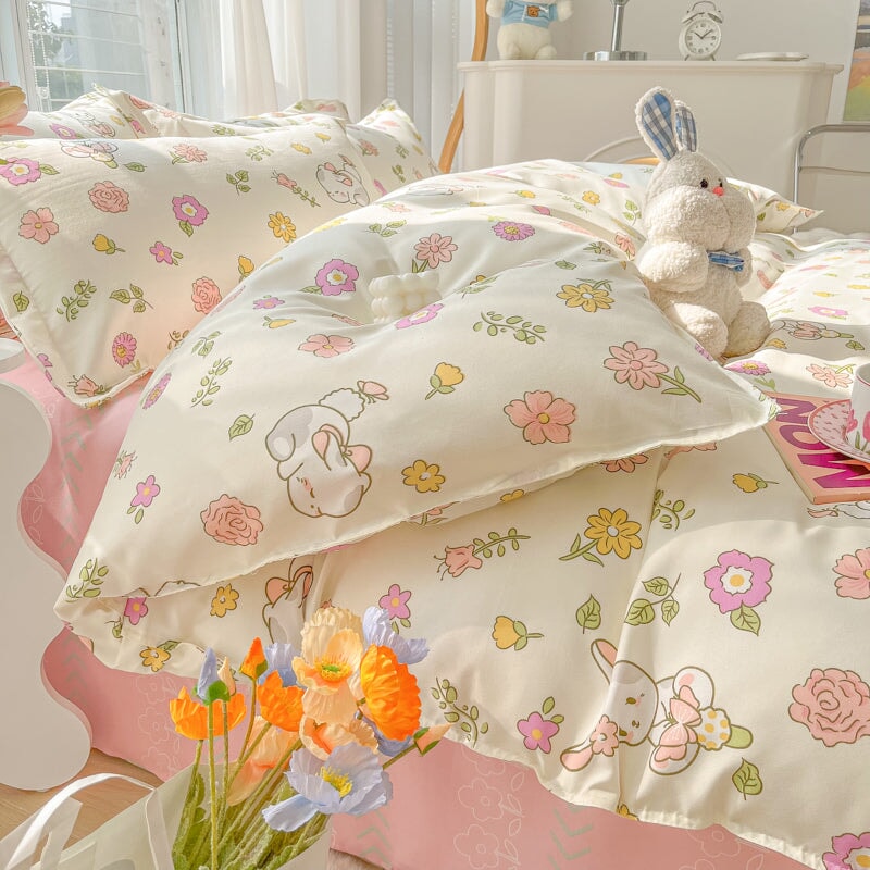 kawaiies-softtoys-plushies-kawaii-plush-Kawaii Dreamy Floral Bunny 120gsm Polyester Bedding Set Collection Bedding Sets 