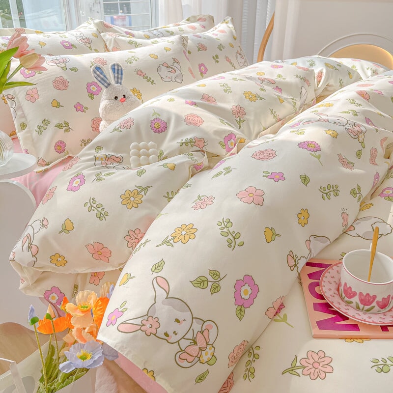 Pink Teddy Bear Pattern Aesthetic Kawaii Cute Cotton Bedding Duvet