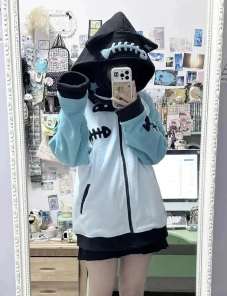 kawaiies-softtoys-plushies-kawaii-plush-Kawaii Fishbone Aqua Grey Hoodie Set Apparel 