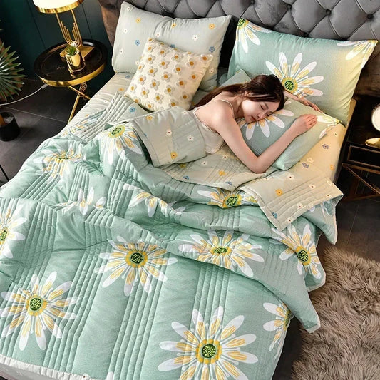 kawaiies-softtoys-plushies-kawaii-plush-Kawaii Green Daisy-Print Polyester Quilt Blanket Home Decor 100x150cm (2pc) 