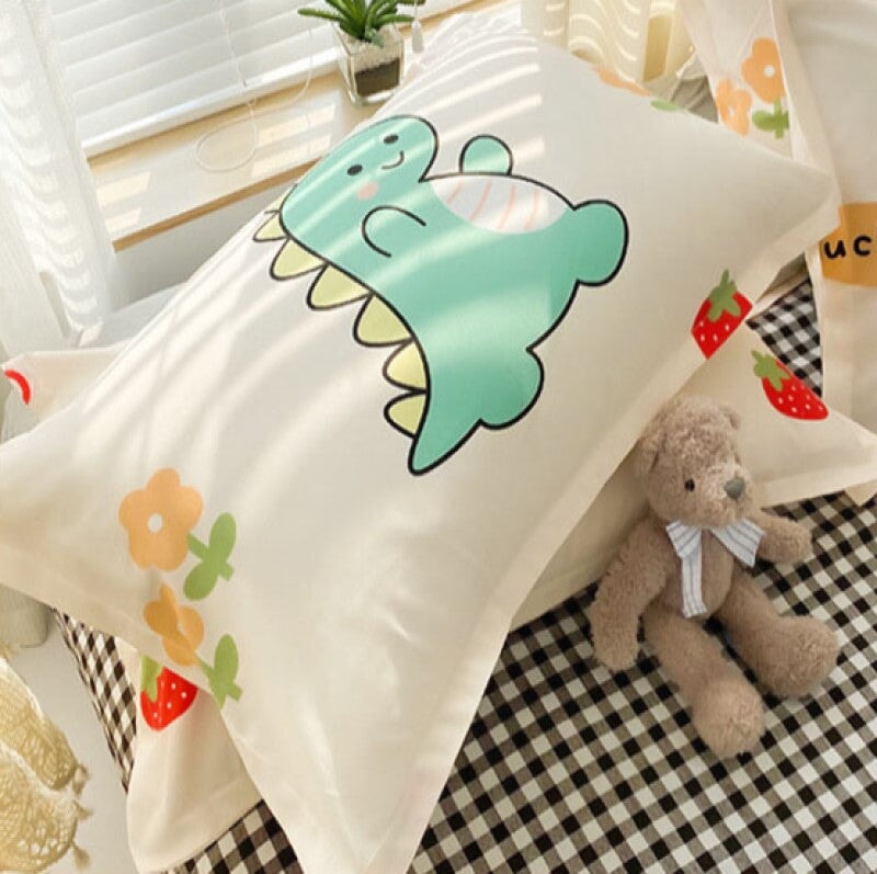kawaiies-softtoys-plushies-kawaii-plush-Kawaii Green Dinosaur Floral 120gsm Polyester Bedding Set | NEW Bedding Sets 