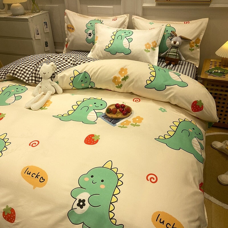 kawaiies-softtoys-plushies-kawaii-plush-Kawaii Green Dinosaur Floral 120gsm Polyester Bedding Set | NEW Bedding Sets 