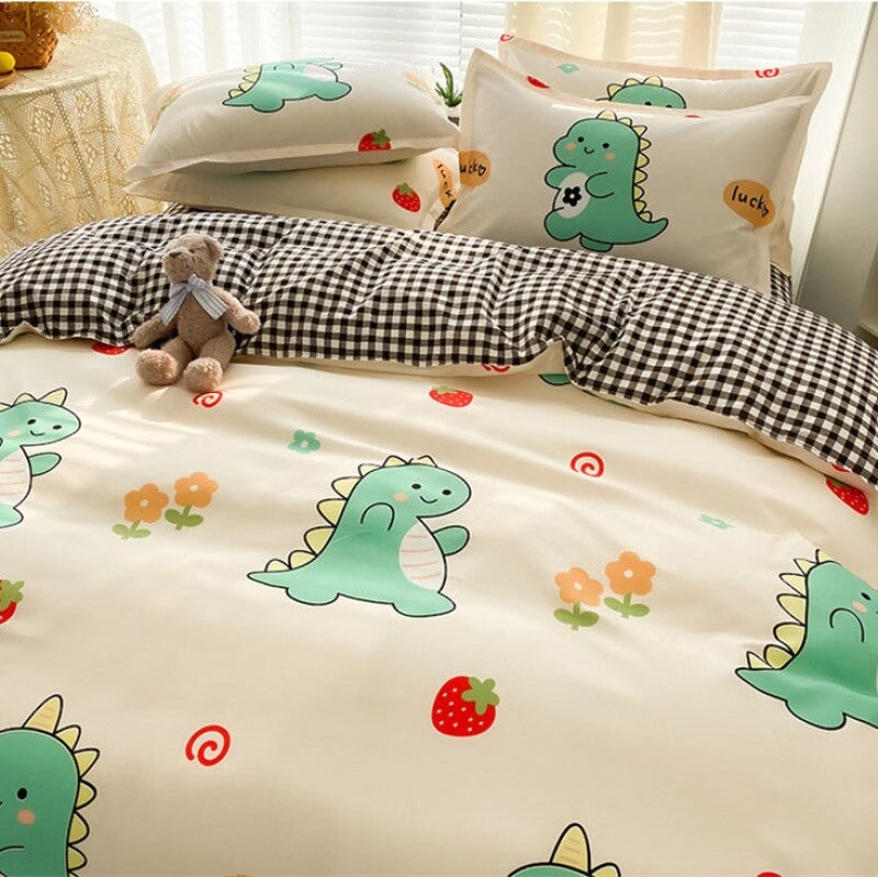 kawaiies-softtoys-plushies-kawaii-plush-Kawaii Green Dinosaur Floral 120gsm Polyester Bedding Set | NEW Bedding Sets 