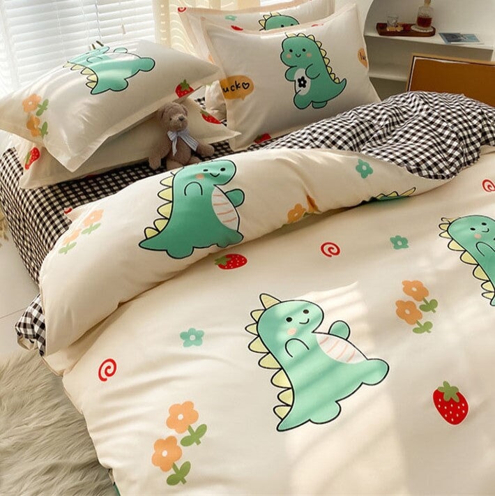 kawaiies-softtoys-plushies-kawaii-plush-Kawaii Green Dinosaur Floral 120gsm Polyester Bedding Set | NEW Bedding Sets 