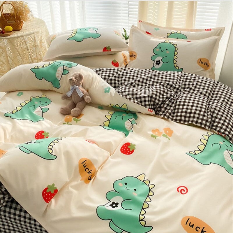 kawaiies-softtoys-plushies-kawaii-plush-Kawaii Green Dinosaur Floral 120gsm Polyester Bedding Set | NEW Bedding Sets 