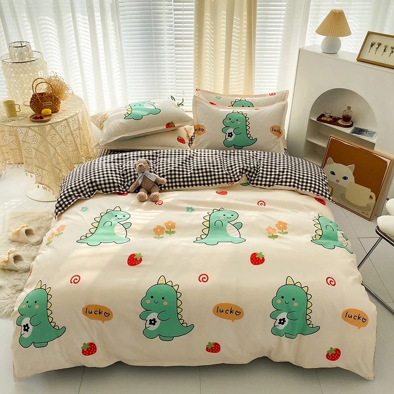 kawaiies-softtoys-plushies-kawaii-plush-Kawaii Green Dinosaur Floral 120gsm Polyester Bedding Set | NEW Bedding Sets Single 