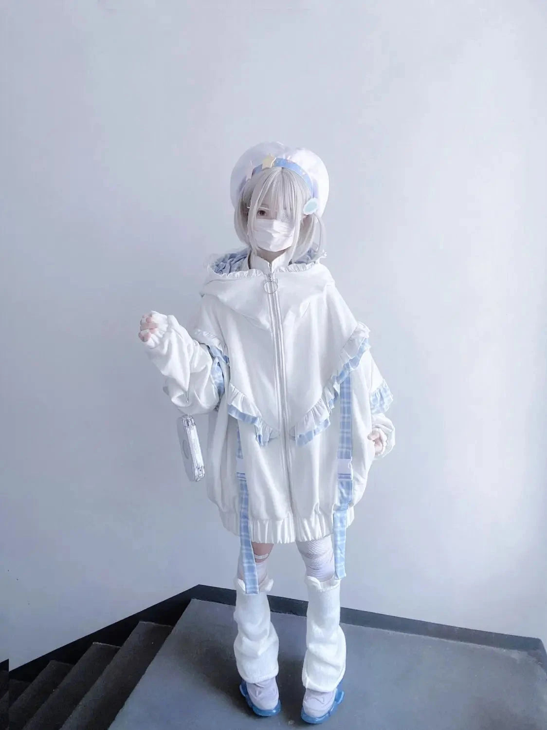 kawaiies-softtoys-plushies-kawaii-plush-Kawaii Lolita Checkered Cat-Eared Zip-Up White Black Hoodie Apparel 