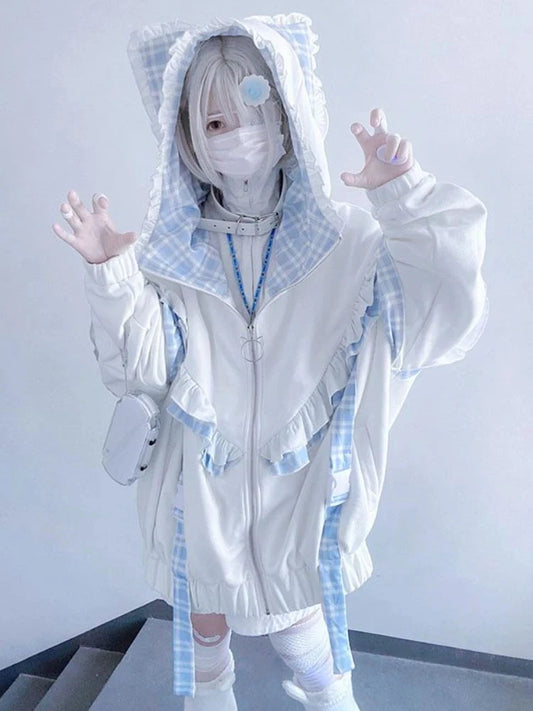 kawaiies-softtoys-plushies-kawaii-plush-Kawaii Lolita Checkered Cat-Eared Zip-Up White Black Hoodie Apparel 