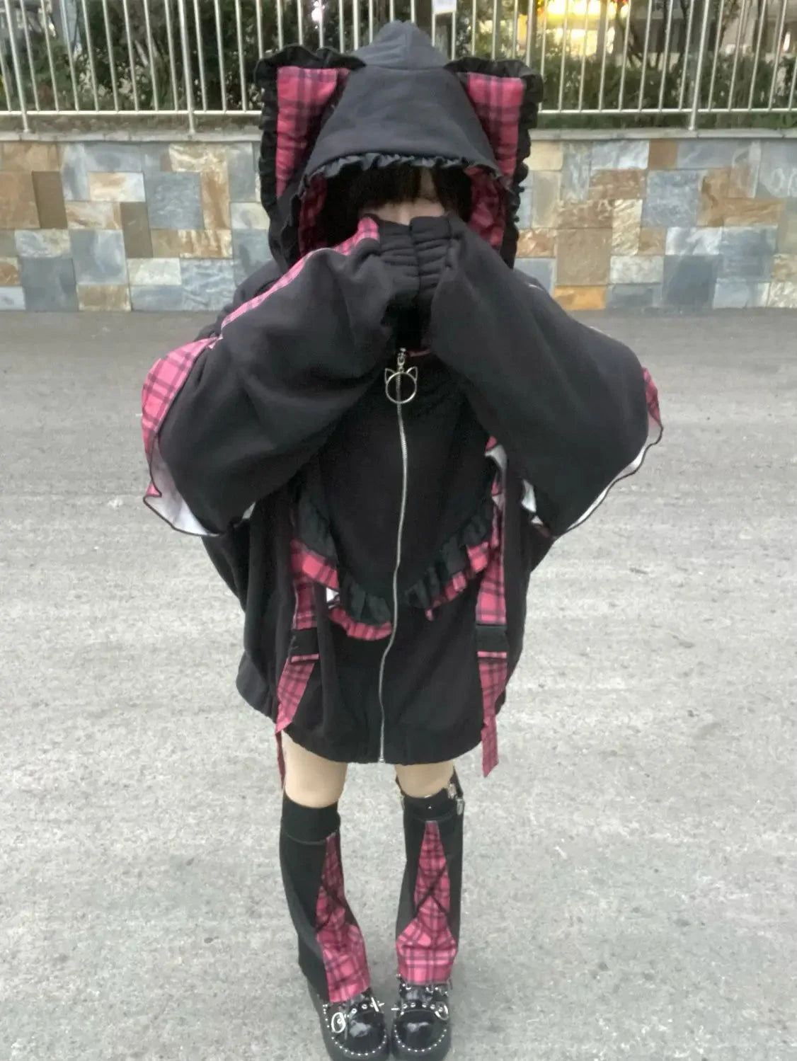 kawaiies-softtoys-plushies-kawaii-plush-Kawaii Lolita Checkered Cat-Eared Zip-Up White Black Hoodie Apparel 