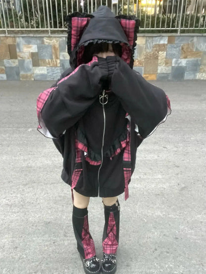 kawaiies-softtoys-plushies-kawaii-plush-Kawaii Lolita Checkered Cat-Eared Zip-Up White Black Hoodie Apparel 