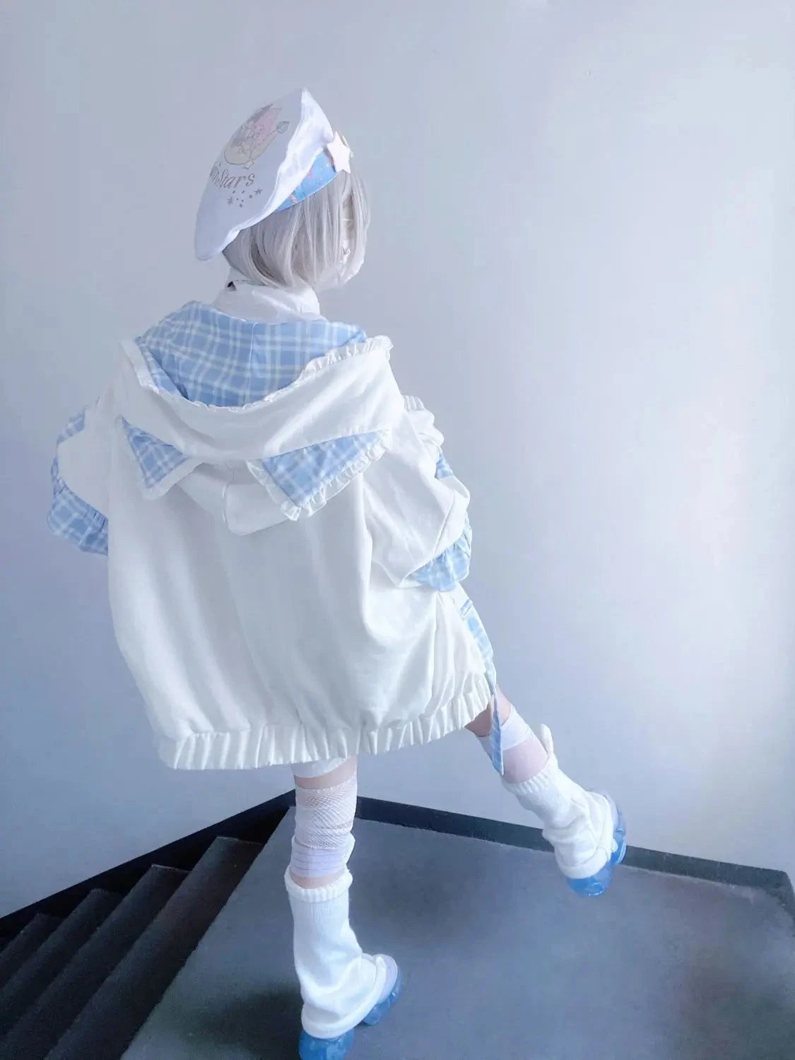 kawaiies-softtoys-plushies-kawaii-plush-Kawaii Lolita Checkered Cat-Eared Zip-Up White Black Hoodie Apparel 