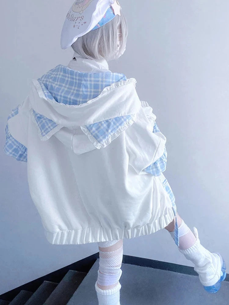 kawaiies-softtoys-plushies-kawaii-plush-Kawaii Lolita Checkered Cat-Eared Zip-Up White Black Hoodie Apparel 