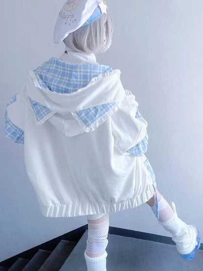 kawaiies-softtoys-plushies-kawaii-plush-Kawaii Lolita Checkered Cat-Eared Zip-Up White Black Hoodie Apparel 