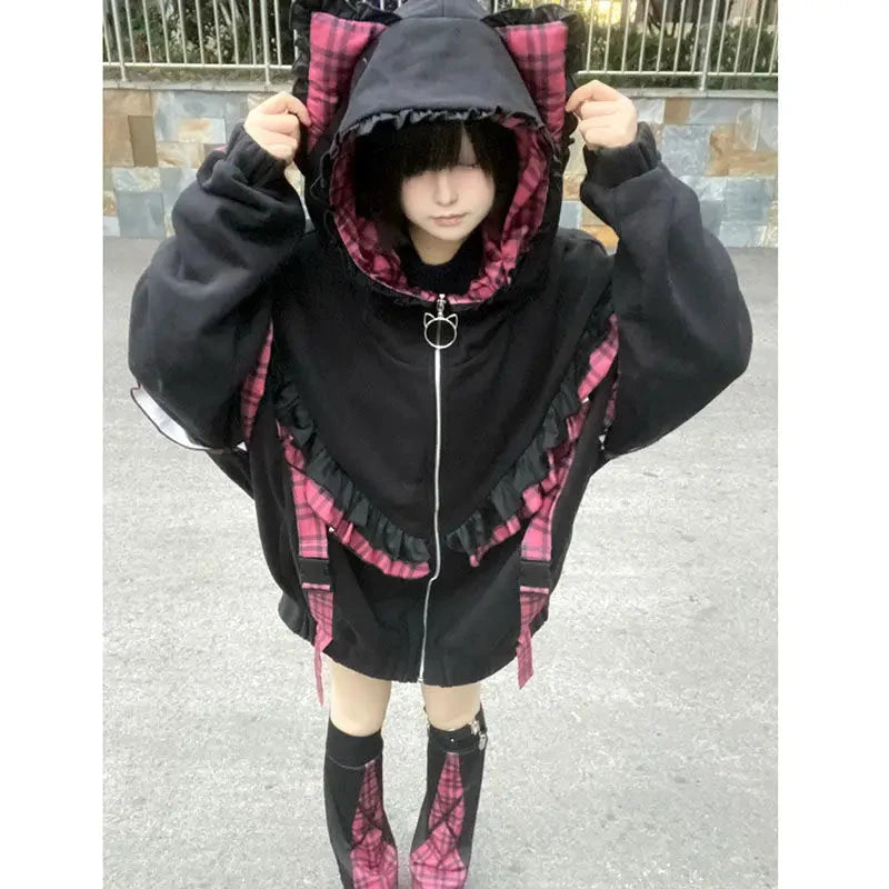 kawaiies-softtoys-plushies-kawaii-plush-Kawaii Lolita Checkered Cat-Eared Zip-Up White Black Hoodie Apparel 