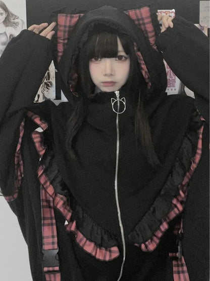 kawaiies-softtoys-plushies-kawaii-plush-Kawaii Lolita Checkered Cat-Eared Zip-Up White Black Hoodie Apparel Black Coat Only M(US 6) 