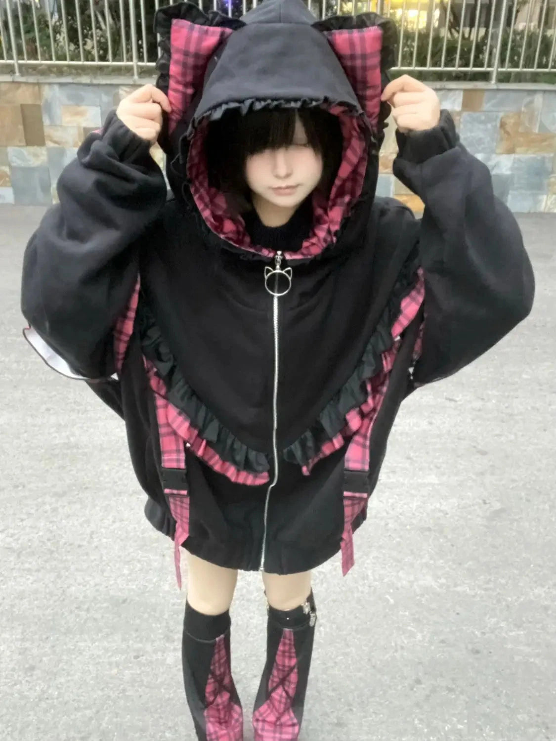 kawaiies-softtoys-plushies-kawaii-plush-Kawaii Lolita Checkered Cat-Eared Zip-Up White Black Hoodie Apparel Black Coat Set M(US 6) 