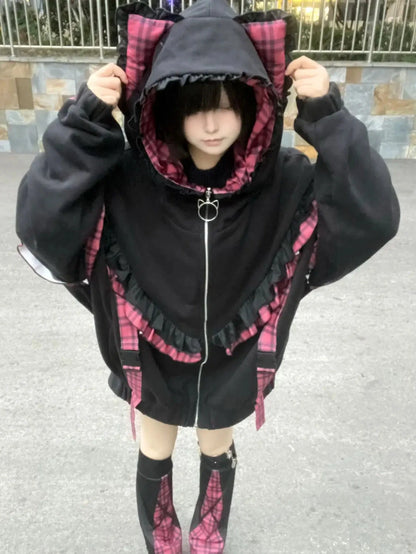 kawaiies-softtoys-plushies-kawaii-plush-Kawaii Lolita Checkered Cat-Eared Zip-Up White Black Hoodie Apparel Black Coat Set M(US 6) 