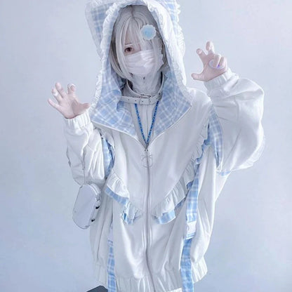 kawaiies-softtoys-plushies-kawaii-plush-Kawaii Lolita Checkered Cat-Eared Zip-Up White Black Hoodie Apparel White Coat Only M(US 6) 