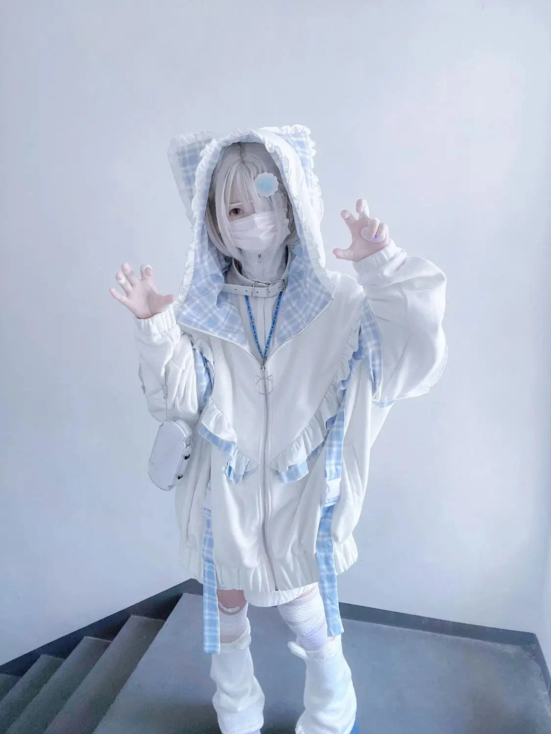 kawaiies-softtoys-plushies-kawaii-plush-Kawaii Lolita Checkered Cat-Eared Zip-Up White Black Hoodie Apparel White Coat Set M(US 6) 