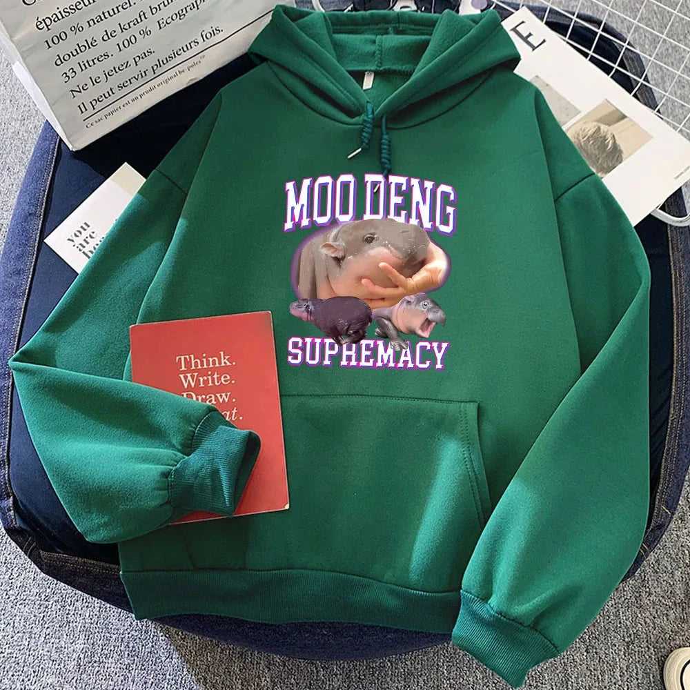 kawaiies-softtoys-plushies-kawaii-plush-Kawaii Moo Deng Supremacy Hippo Unisex Hoodie Apparel Dark Green XS 