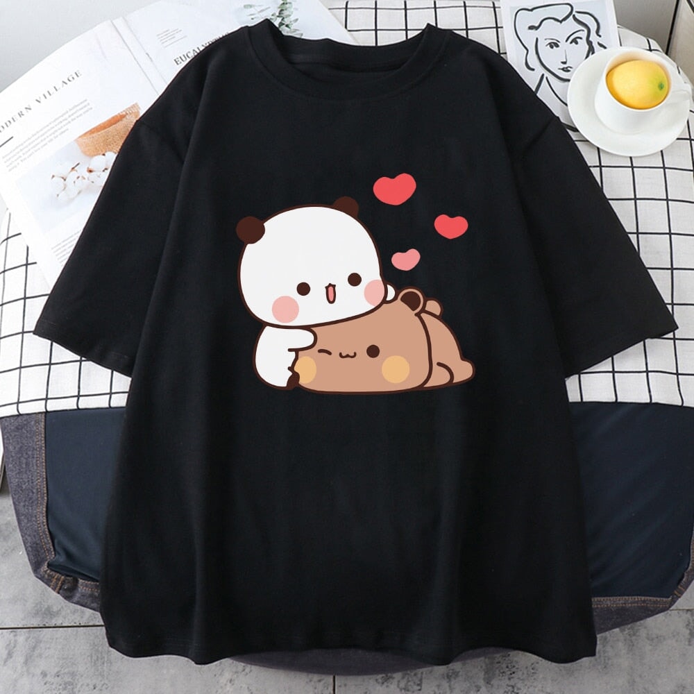 kawaiies-softtoys-plushies-kawaii-plush-Kawaii Panda Bear Love Unisex Tee Apparel Black XS 