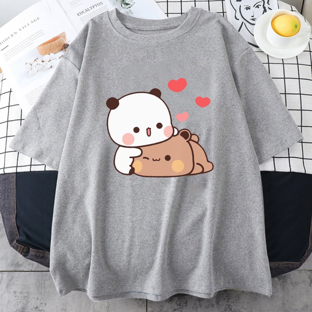 kawaiies-softtoys-plushies-kawaii-plush-Kawaii Panda Bear Love Unisex Tee Apparel Gray XS 