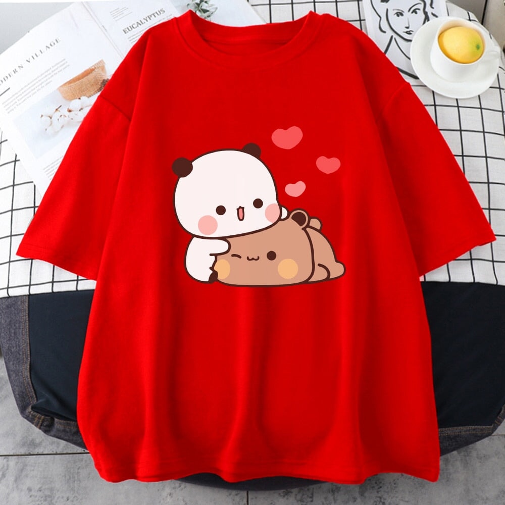 kawaiies-softtoys-plushies-kawaii-plush-Kawaii Panda Bear Love Unisex Tee Apparel Red XS 