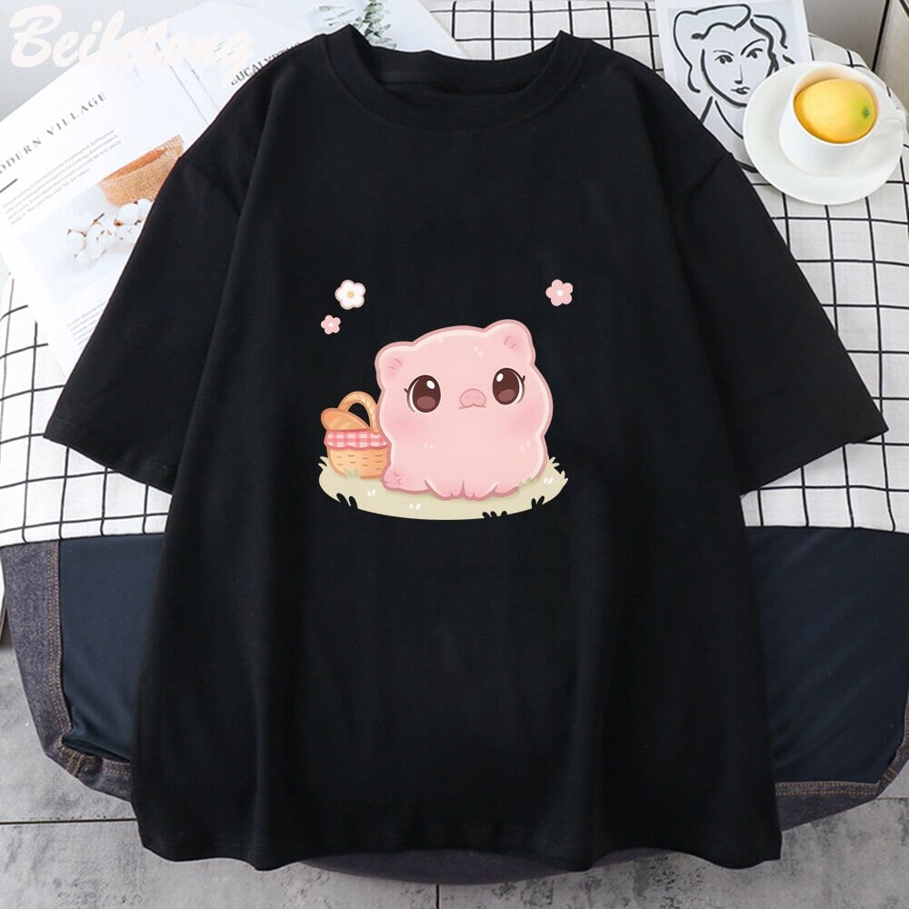 kawaiies-softtoys-plushies-kawaii-plush-Kawaii Piggy Unisex Tee Apparel Black XS 