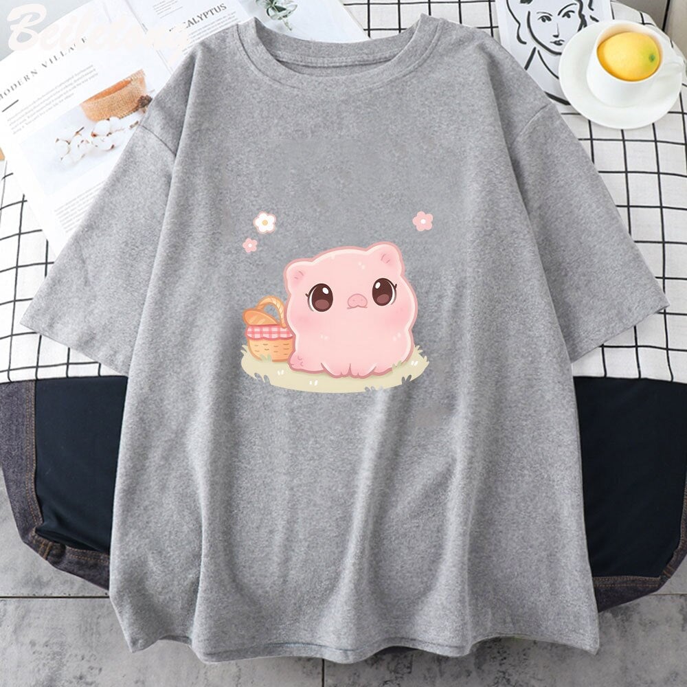 kawaiies-softtoys-plushies-kawaii-plush-Kawaii Piggy Unisex Tee Apparel Gray XS 