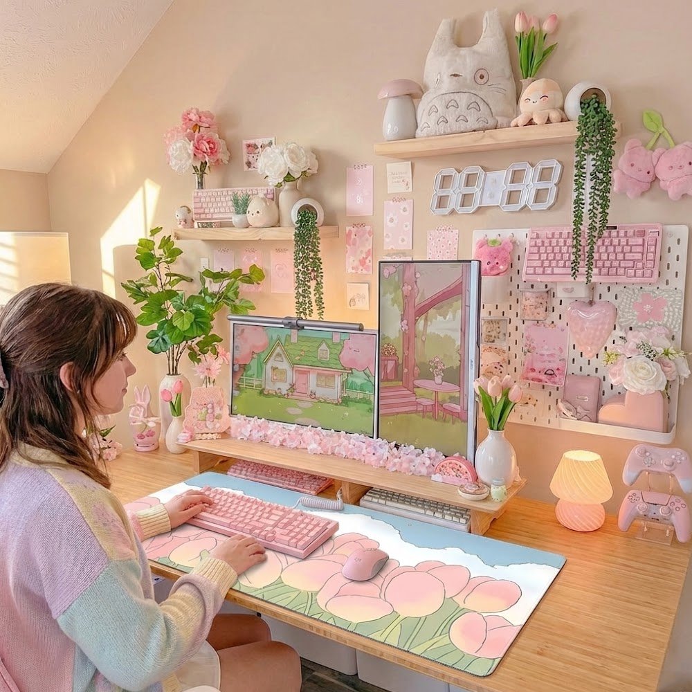 kawaiies-softtoys-plushies-kawaii-plush-Kawaii Pink Tulips Large Mouse Pad Home Decor 