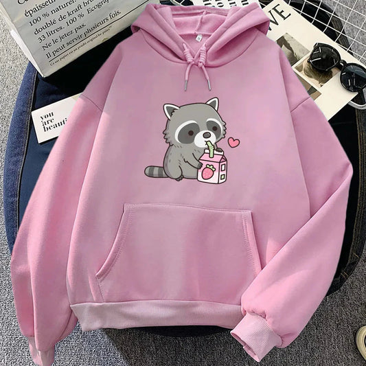 kawaiies-softtoys-plushies-kawaii-plush-Kawaii Raccoon Drinking Strawberry Milk Unisex Hoodie Apparel 