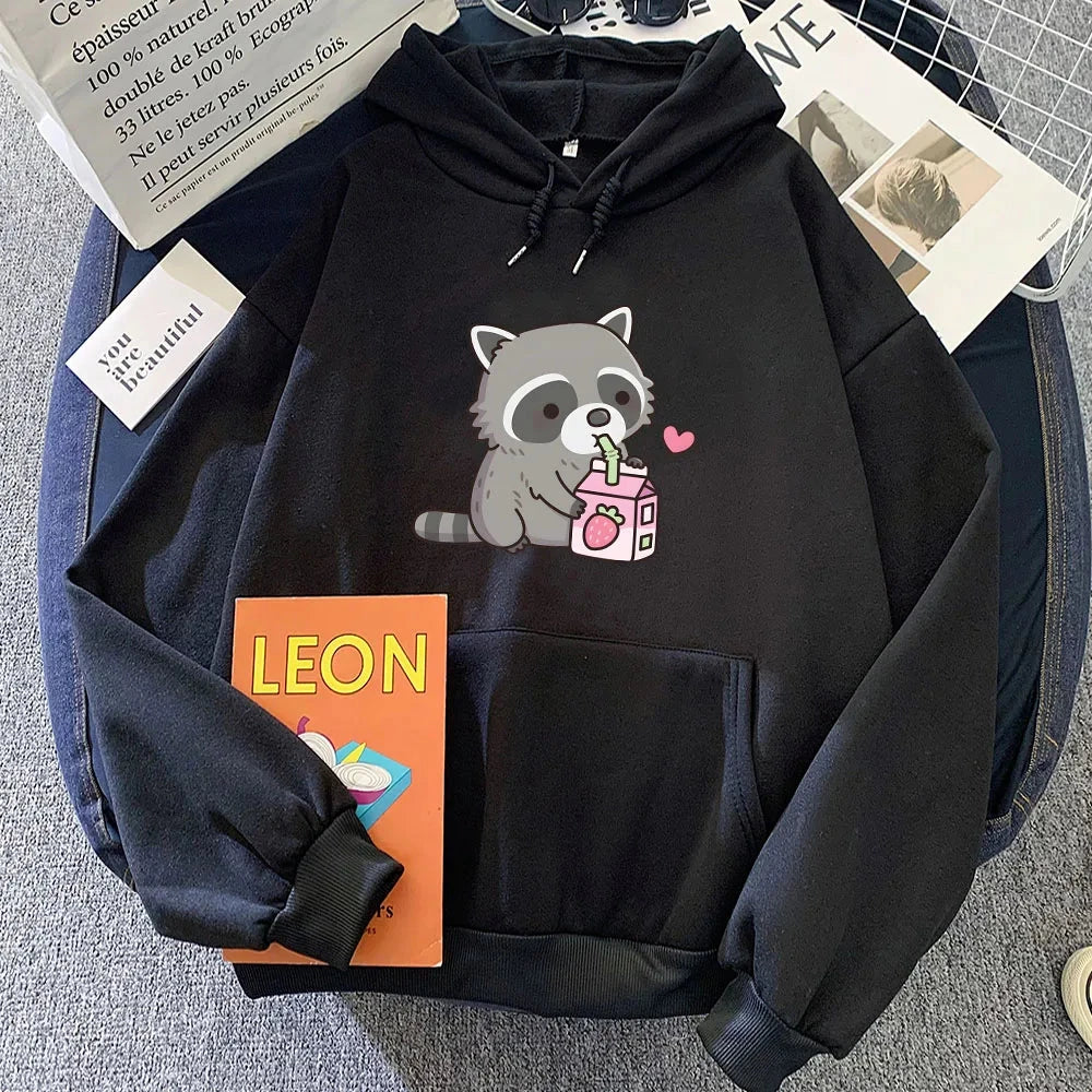 kawaiies-softtoys-plushies-kawaii-plush-Kawaii Raccoon Drinking Strawberry Milk Unisex Hoodie Apparel Black XS 