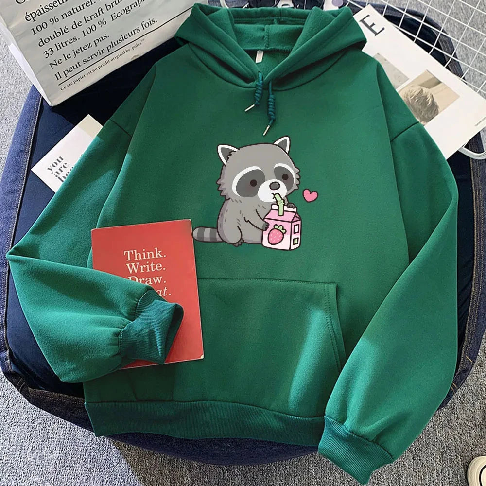 kawaiies-softtoys-plushies-kawaii-plush-Kawaii Raccoon Drinking Strawberry Milk Unisex Hoodie Apparel Dark Green XS 