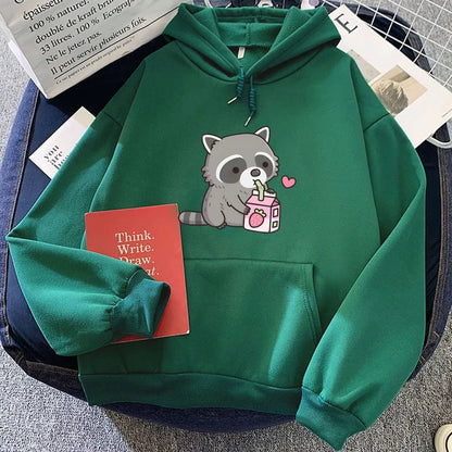 kawaiies-softtoys-plushies-kawaii-plush-Kawaii Raccoon Drinking Strawberry Milk Unisex Hoodie Apparel Dark Green XS 
