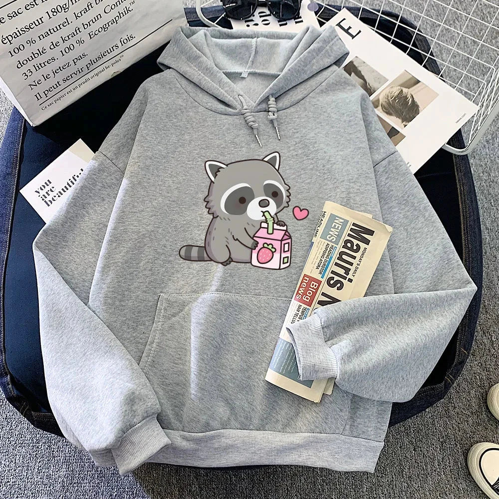 kawaiies-softtoys-plushies-kawaii-plush-Kawaii Raccoon Drinking Strawberry Milk Unisex Hoodie Apparel Gray XS 