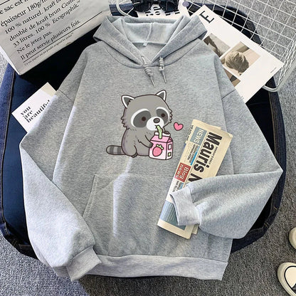 kawaiies-softtoys-plushies-kawaii-plush-Kawaii Raccoon Drinking Strawberry Milk Unisex Hoodie Apparel Gray XS 